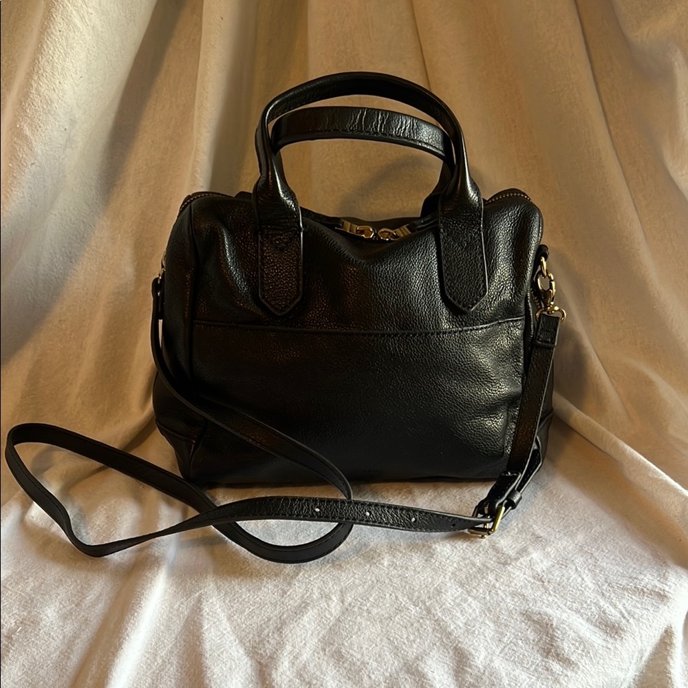 Fossil Black Leather Satchel with Adjustable Strap